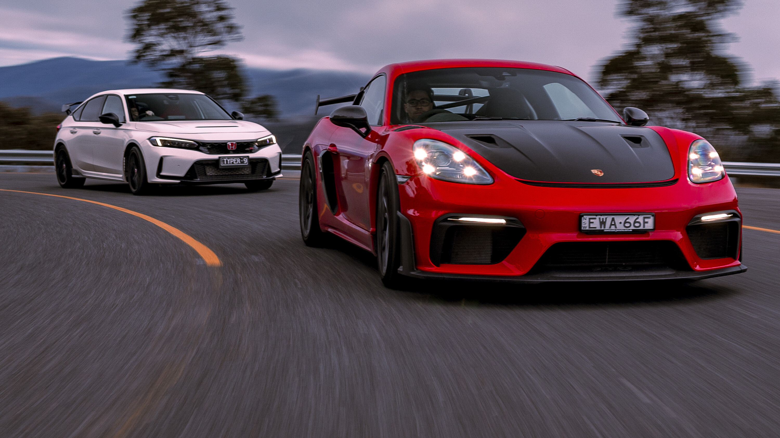 56f32982/2023 porsche 718 cayman gt4 rs coupe red honda civic type r hatch white group hero edewar 230605 jpg